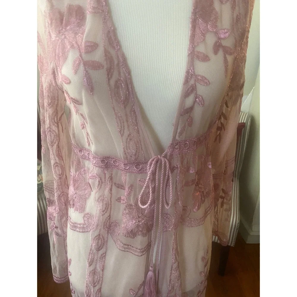 Haute Monde‎ swim coverup Sz S  Mesh pink embroidery Sheer Tassel Tie Kimono